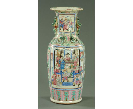 A Chinese Canton porcelain vase, mid 19th century, having a shaped rim above the waisted neck with panels of figures flanked 