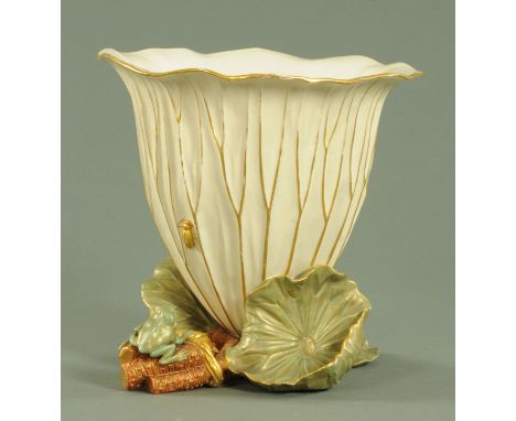 A Royal Worcester Patent Metallic frog and lily vase, with green factory mark to base.  Height 24 cm, diameter 25 cm (see ill