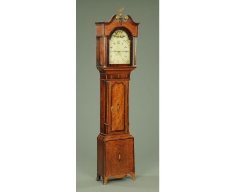 An early 19th century oak and mahogany longcase clock, with arched painted dial and 30 hour movement, the case being boxwood 