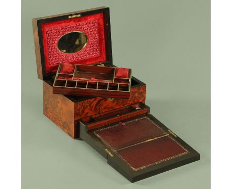 A 19th century ladies jewellery case and combined writing slope, well figured and inlaid with mother of pearl.  Width 31 cm.