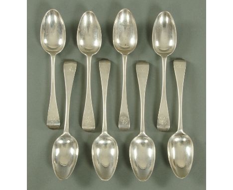 Eight Georgian silver tablespoons, makers initials JK, Newcastle 1769, (possibly Kirkup family), each monogrammed with initia