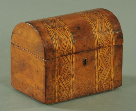 A Victorian walnut marquetry dome topped tea caddy.  Width 17.5 cm. 