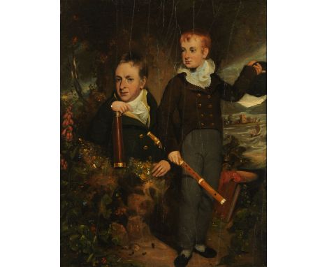 A 19th century oil painting on canvas, portrait of father and son in wooded landscape.  29.5 cm x 23 cm (see illustration).