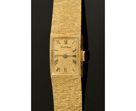 A Bueche Girod ladies 9 ct gold wristwatch, manual, both case and strap hallmarked.  Case width 17 mm, gross weight 29.9 gram