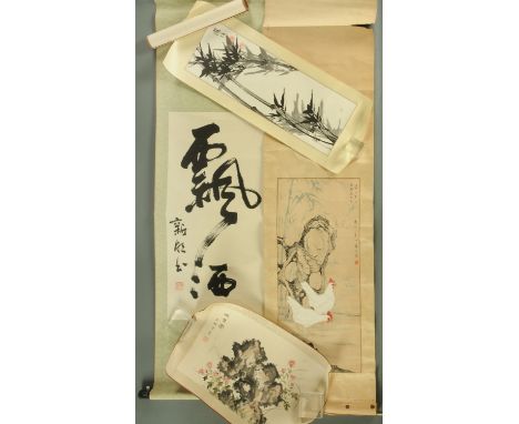 Five Chinese scroll painting, 20th century, the largest depicting two cockerels with bright red wattles, rockwork and bamboo,
