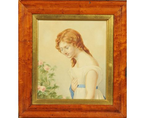 An early 19th century portrait of a young lady, half length looking left towards a rose bush, unsigned, watercolour with gilt