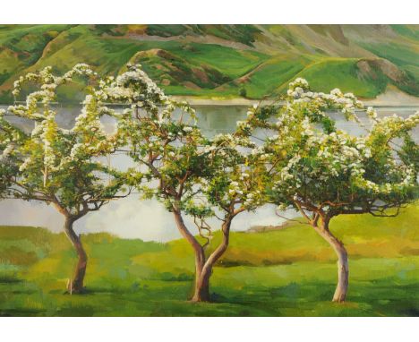 Alan R Thompson, blossoming trees a lake and mountains beyond, signed, oil on canvas 52.5 cm x 75.5 cm.