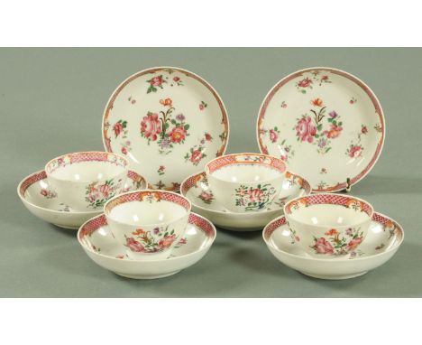 Six Chinese famille rose saucers and four tea bowls, late 18th century.
