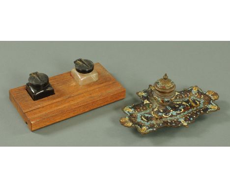 A French Champleve inkwell, late 19th century, with blue and cream enamel decoration, 22 cm wide, together with a vintage 192