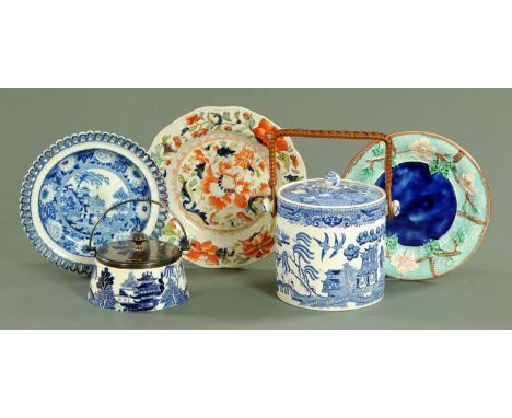 A Ridgeways blue and white willow pattern biscuit barrel, a pearl ware zebra pattern plate, a willow pattern butter dish and 