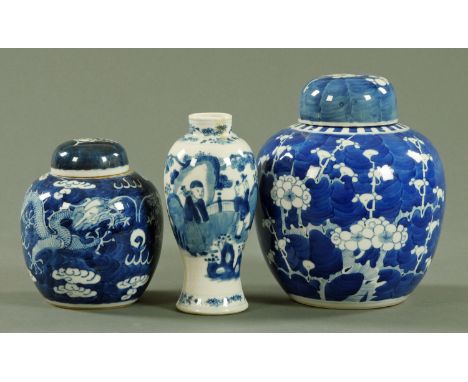 Two Chinese blue and white ginger jars and cover, late 19th century, one with prunus blossom decoration, the underside with t