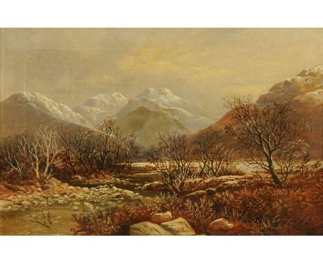 R Herd, oil on canvas "Bowderdale Bridge Scafell and Scafell Pike Winter", 1886.  29 cm x 44 cm, framed, inscribed and dated 