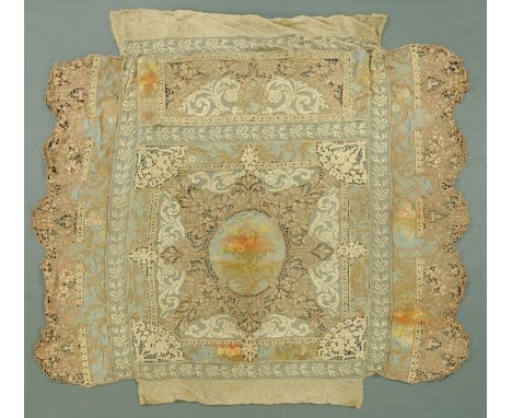 An Edwardian embroidered bedspread, the centre with a floral bouquet with crochet and embroidered borders, two ends with a la