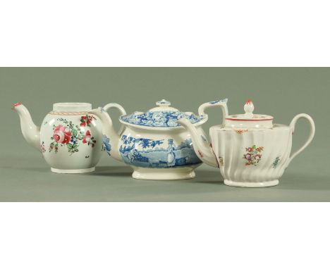 A New Hall attributed spiral fluted teapot, circa 1800, with hand painted floral spray decoration, a pearl ware bullet shaped