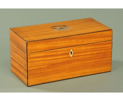 A Georgian satinwood and ebony strung tea caddy, rectangular, with fitted interior.  Length 30.5 cm, height 15 cm. 