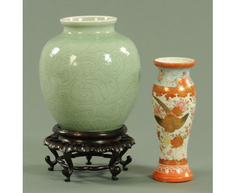 A Japanese Kutani vase, circa 1900, decorated with birds amongst blossoming flowers, signed Kutani, height 25 cm and a Chines