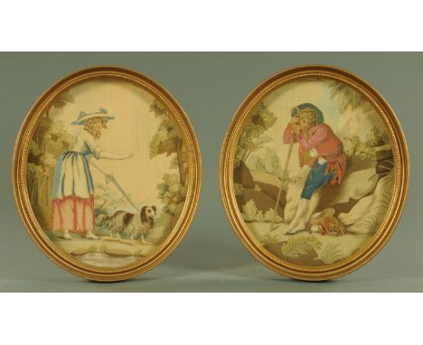A pair of Georgian silkwork and embroidered oval panels, depicting a shepherd resting against rocks beside a deceased lamb an