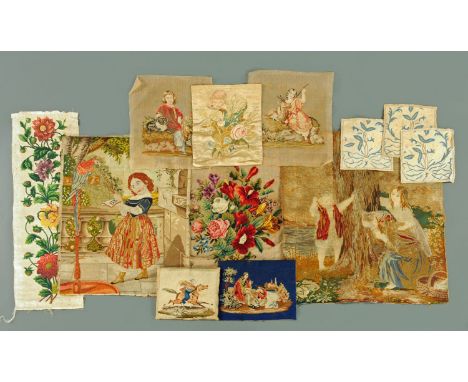 A collection of late 18th and early 19th century tapestries and needleworks, to include embroidery work panels on silks, fine