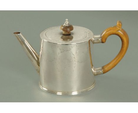 A George III silver teapot, Charles Wright, London 1773, of circular drum form, the rim with engraved leaf band decoration, t
