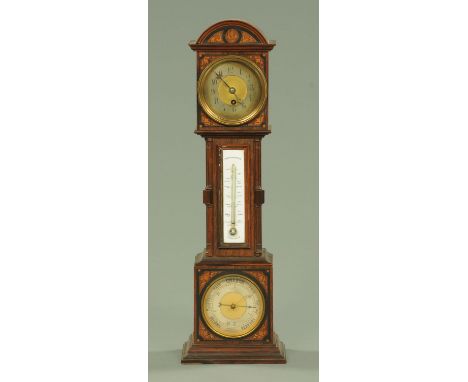 A late Victorian/Edwardian rosewood miniature longcase clock, with aneroid barometer and mercury thermometer, with single tra