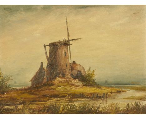 B Woolley (20th century contemporary), "The Mill on the Fen", signed and dated '75, oil on panel.  26.5 cm x 36 cm.