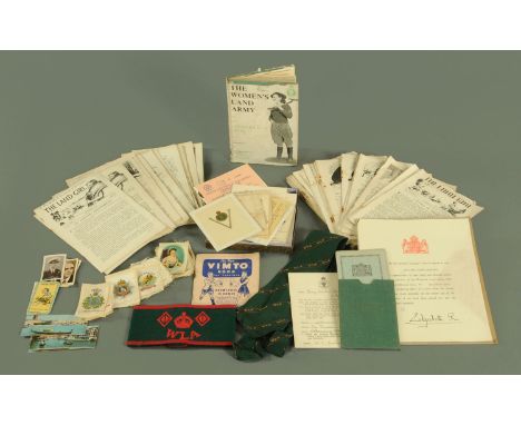 A collection of Women's Land Army memorabilia formerly the property of Mary Isabel Mackereth No. 64119, including pamphlets, 