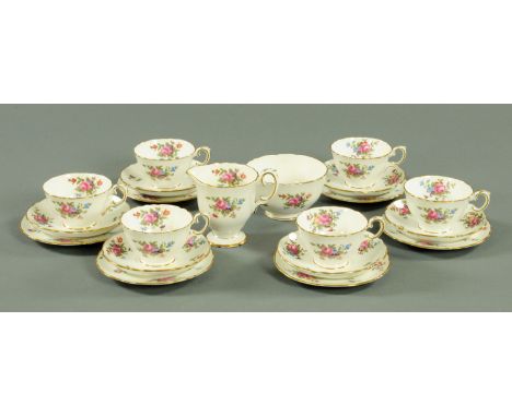 A Crown Staffordshire six place tea set, comprising 6 cups, saucers, side plates, a milk jug and sugar bowl, printed marks, p