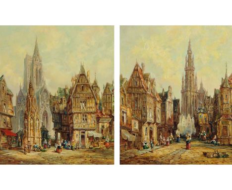 Peter Morgan, pair of oil paintings on panel, Continental street scenes.  Each 28.5 cm x 23 cm (see illustration).