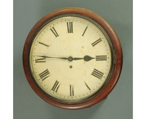 A 19th century single fusee mahogany cased wall clock, the enamel dial with Roman numerals, the dial 29 cm diameter.