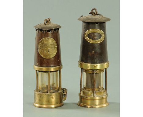 A Protector Lamp &amp; Lighting Company Limited brass miners safety lamp, height 24 cm, and a John Davis and Son (Derby) Limi
