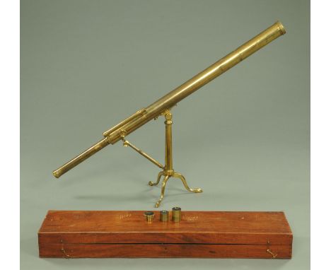 A Georgian brass 3" telescope, with tripod stand and in mahogany case, sold by E&W Smith & Co., Liverpool, the body of the te