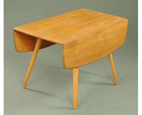 An Ercol light elm drop leaf table, supported upon square tapering legs. Width 125 cm (leaves open), height 71 cm, depth 113 