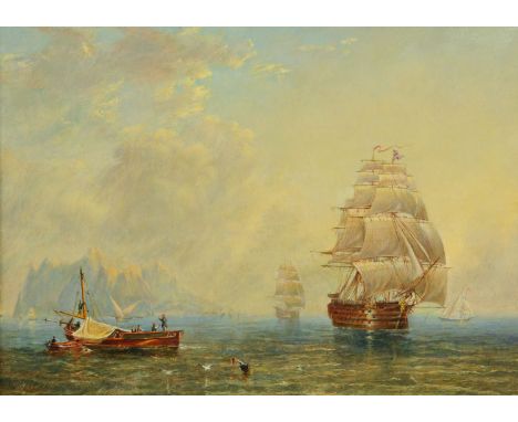 Peter Morgan, oil on board, copy of a seascape by J.W. Carmichael with gunboat to centre right.  28 cm x 39 cm, framed (see i