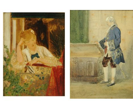 A watercolour of an 18th century style gentleman looking into a coffer, indistinctly signed, 13 cm x 10 cm and an oil on pane