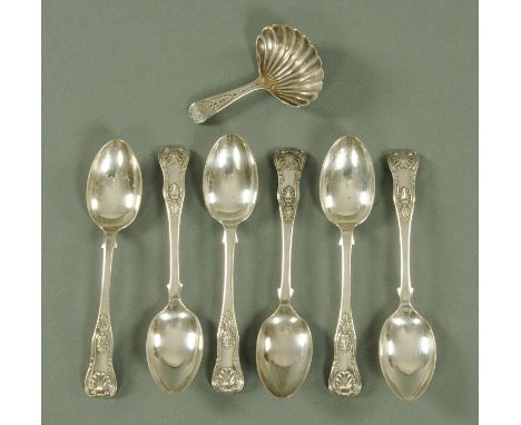 A Georgian bright cut silver caddy spoon, makers mark partially rubbed, London 1803, and six silver plated King pattern teasp