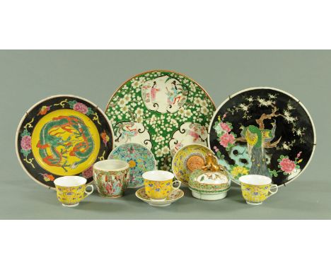 Three Chinese yellow ground teacups, three saucers, a Canton pot, a Canton cover, a Chinese dragon plate and two Japanese dec