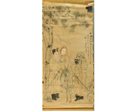 A large Chinese handpainted scroll painting, mid 20th century, depicting Guandi, a man and woman, with three lines of script 