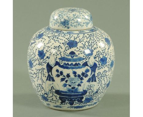 A Chinese blue and white ginger jar, 19th century, decorated with two boys lifting a large vase and cover on stand all agains