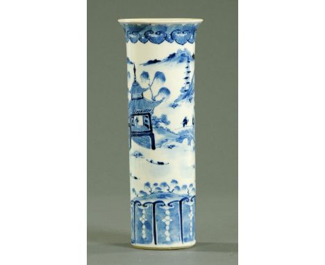 A Chinese blue and white spill vase, with four character Kangxi mark to base.  Height 31 cm.  CONDITION REPORT: No obvious fa