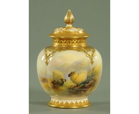 A Royal Worcester porcelain pot pourri, handpainted with sheep in landscape, signed "E Barker" and with puce mark to base, Sh