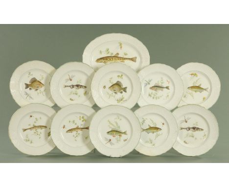 Simpsons Pottery Limited Marlborough "Old English Ironstone" dinnerware, each piece decorated with a river fish and comprisin