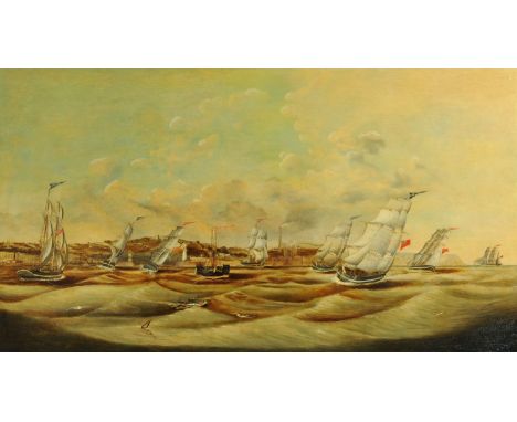 English School, circa 1850, oil on panel, panoramic view of Whitehaven with shipping, 68.6 cm x 121.9 cm. NOTE - This paintin