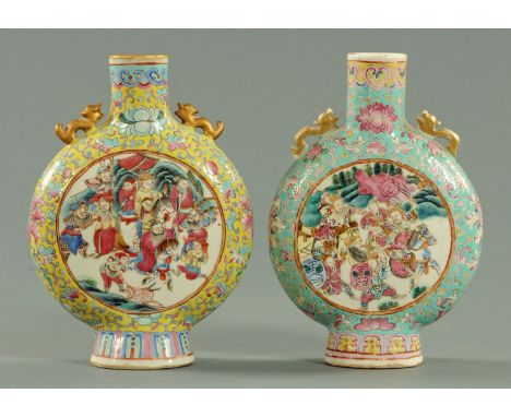 Two Chinese moon flasks, 19th century, one depicting exotic birds amongst peony and blossom and verso figures on foot and hor