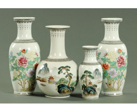 Four Chinese porcelain vases, late 20th century, including a pair with black ruyi head and pendants above the main body with 
