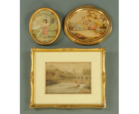 A George III silk and embroidered oval panel, depicting a young boy with dog in landscape surrounding, 19.5 cm x 15.5 cm.  A 