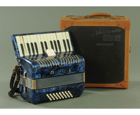 A Marino Pigini piano accordion, with marbled blue body with 32 buttons, in original carrying case. 