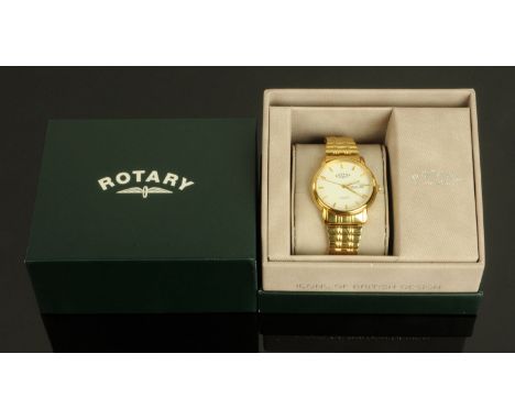 A gentleman's Rotary gold plated wristwatch, having a white dial with gilt baton markers with month and day aperture with exp