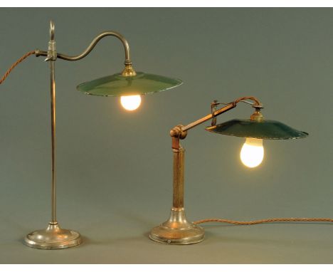 Two industrial table lamps, each with a green and white enamel shade with adjustable branches, height of columns 27 cm and 52