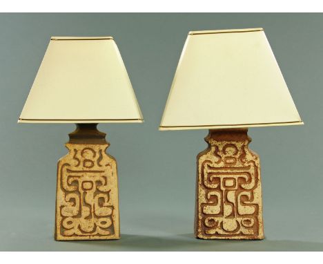 A pair of Barbara Davidson Art pottery stoneware table lamps, of slab form with incised stylised decoration, each with applie