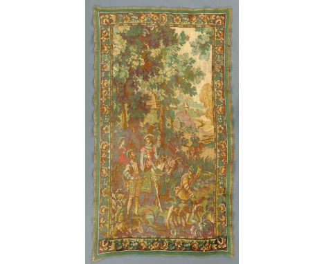 A woven tapestry wall hanging, medieval hunting scene, 190 cm x 115 cm.